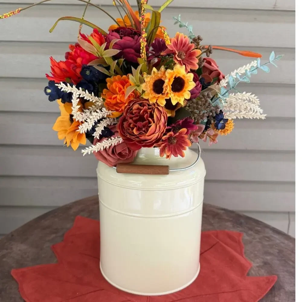 IKEA SOCKER Discontinued Milk Can Vase Fall Floral Arrangement Leaf Mat 3pc Set